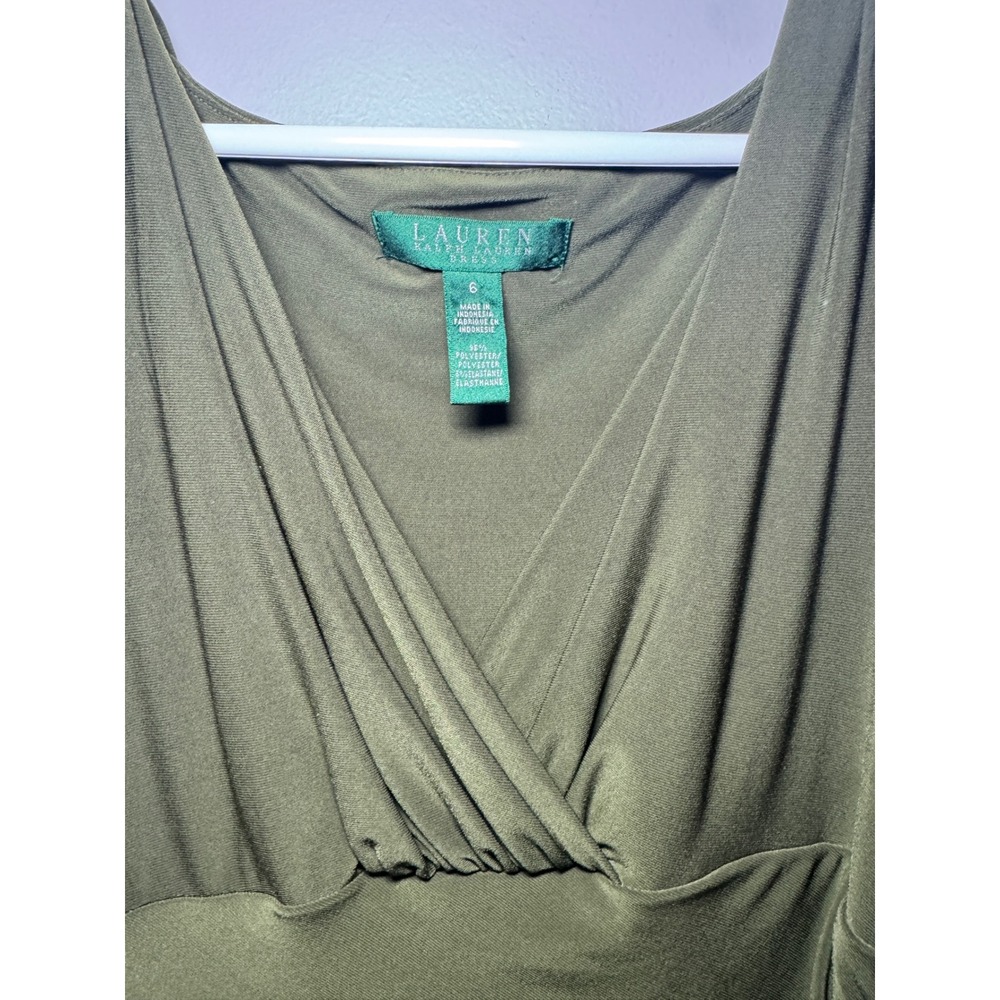 Lauren Ralph Lauren Olive Green Ruched V-Neck Sleeveless Sheath Dress Womens 6 - Picture 3 of 5
